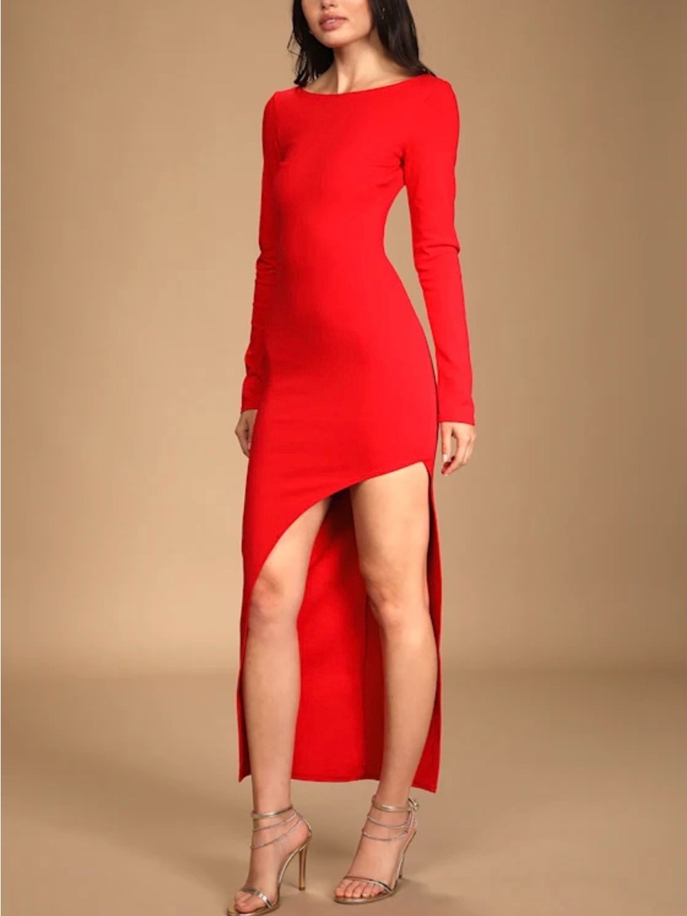 Lulu's Red Long-Sleeve High-Low Asymmetric Dress